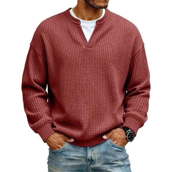 Men's Layered Comfort Waffle Knit Pullover – Soft Thermal Long Sleeve Sweater