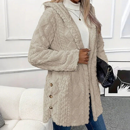 Women's Cozy Fleece Hooded Cardigan Jacket – Soft Button-Down Coat with Pockets