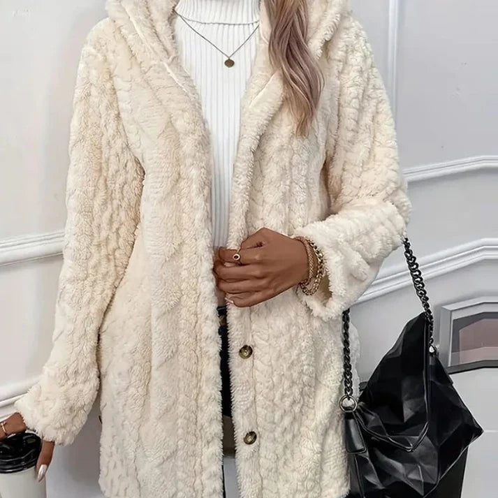 Women's Cozy Fleece Hooded Cardigan Jacket – Soft Button-Down Coat with Pockets