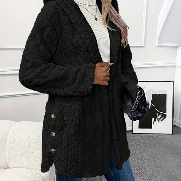 Women's Cozy Fleece Hooded Cardigan Jacket – Soft Button-Down Coat with Pockets
