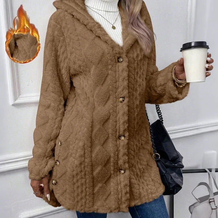 Women's Cozy Fleece Hooded Cardigan Jacket – Soft Button-Down Coat with Pockets