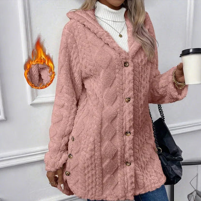 Women's Cozy Fleece Hooded Cardigan Jacket – Soft Button-Down Coat with Pockets
