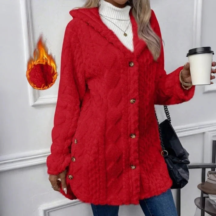 Women's Cozy Fleece Hooded Cardigan Jacket – Soft Button-Down Coat with Pockets